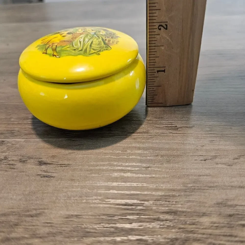 Vintage Victorian Trinket Jewelry Box Yellow Round Ceramic Keepsake Medieval